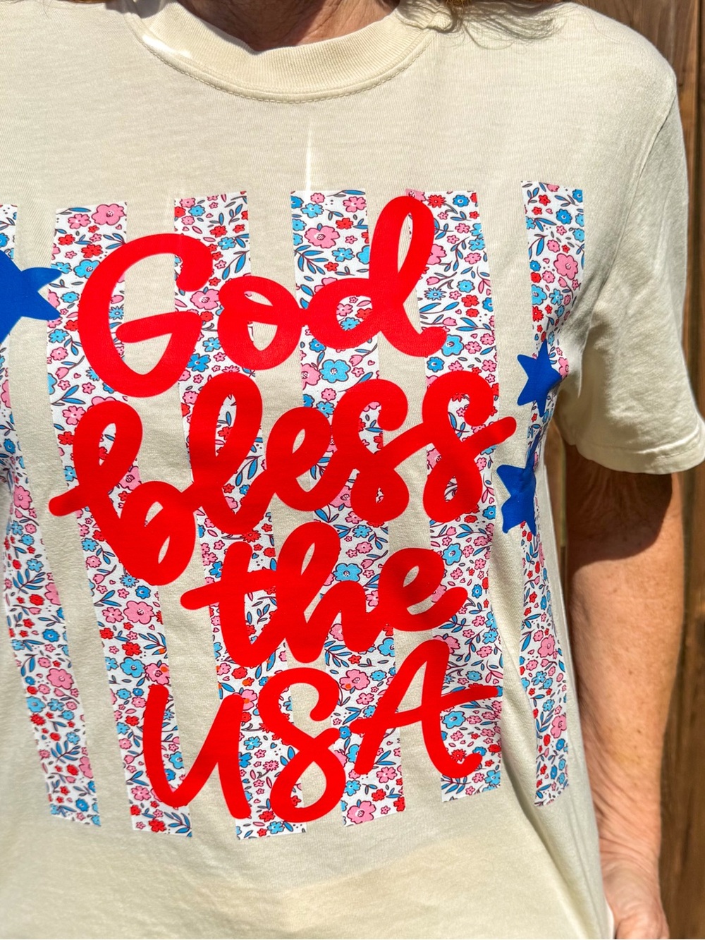 Comfort Colors Cream Tee with Red Script, Blue Stars & Pink Floral Stripes